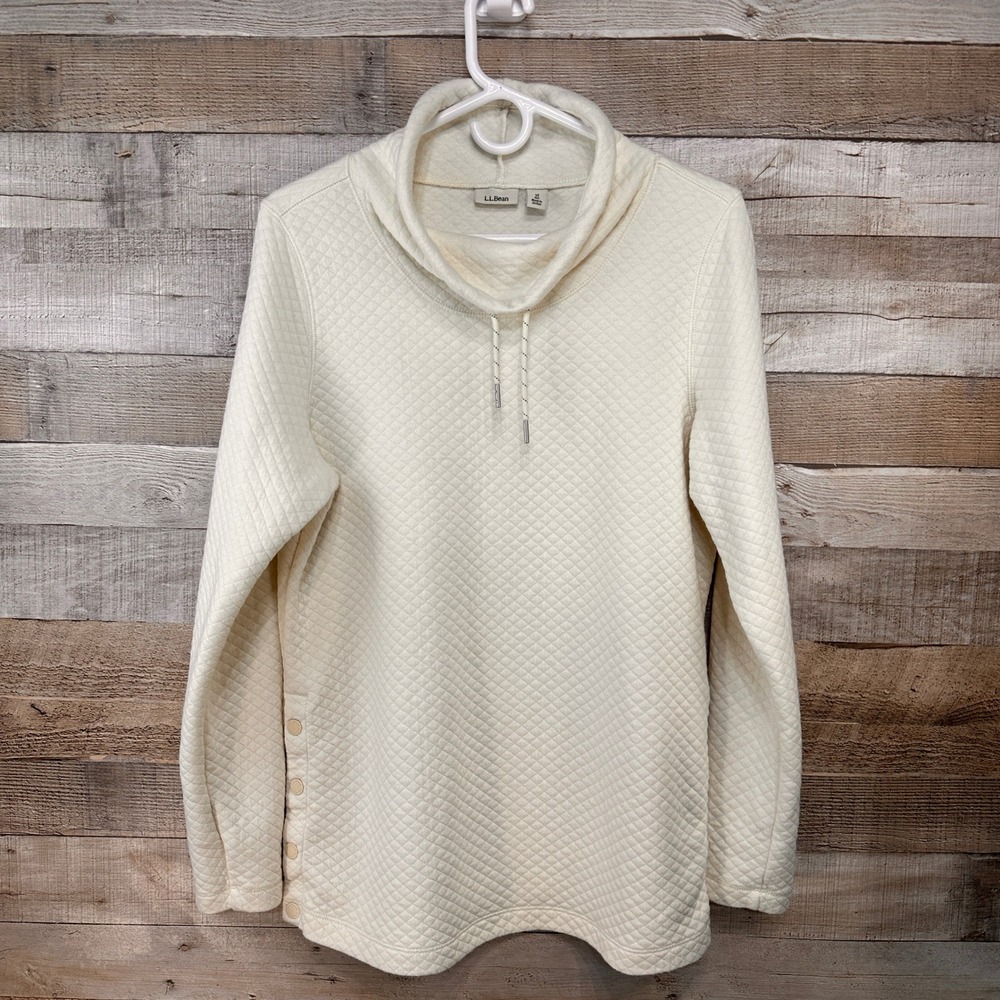LL Bean Softlight Quilted Funnelneck Pullover Ivory Cream Diamond Pattern Size M